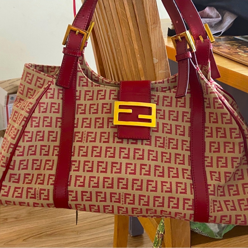Authentic Vintage Red canvas Fendi with red leather trim